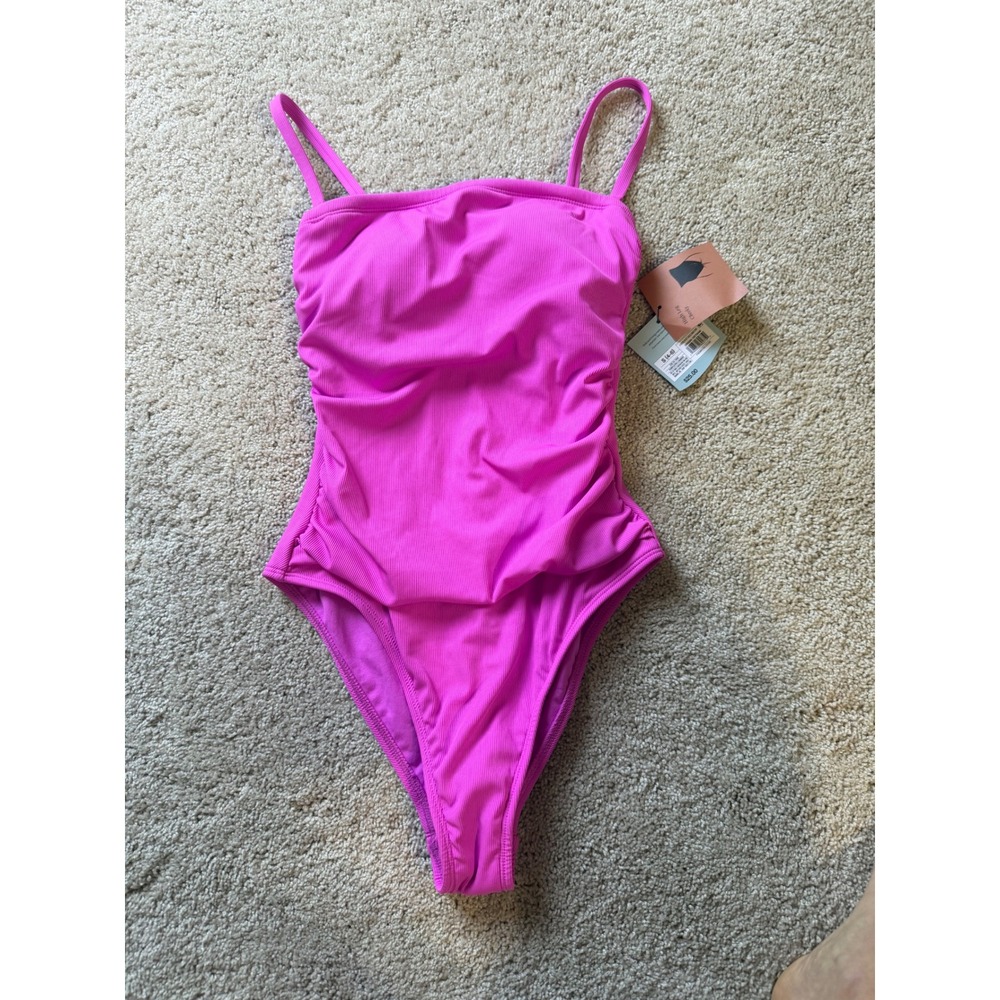Shade & Shore Pink Ribbed High Leg Cheeky One Piece Swimsuit Small NWT 238241940